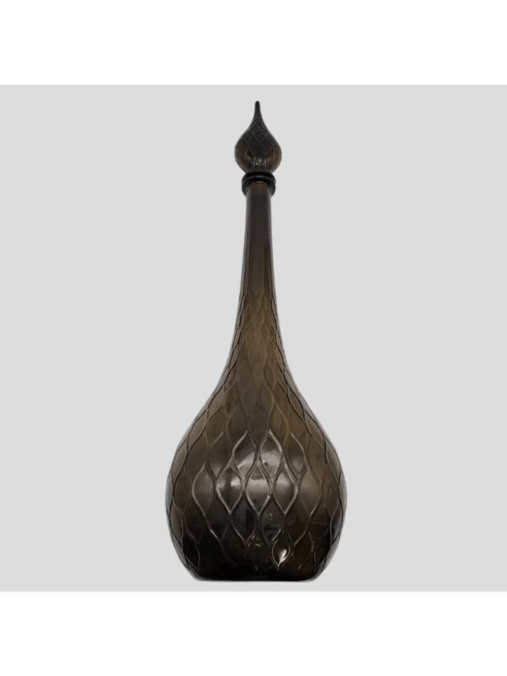 Mid Century Empoli Art Glass Genie Bottle Decanter with Stopper Green Quilted